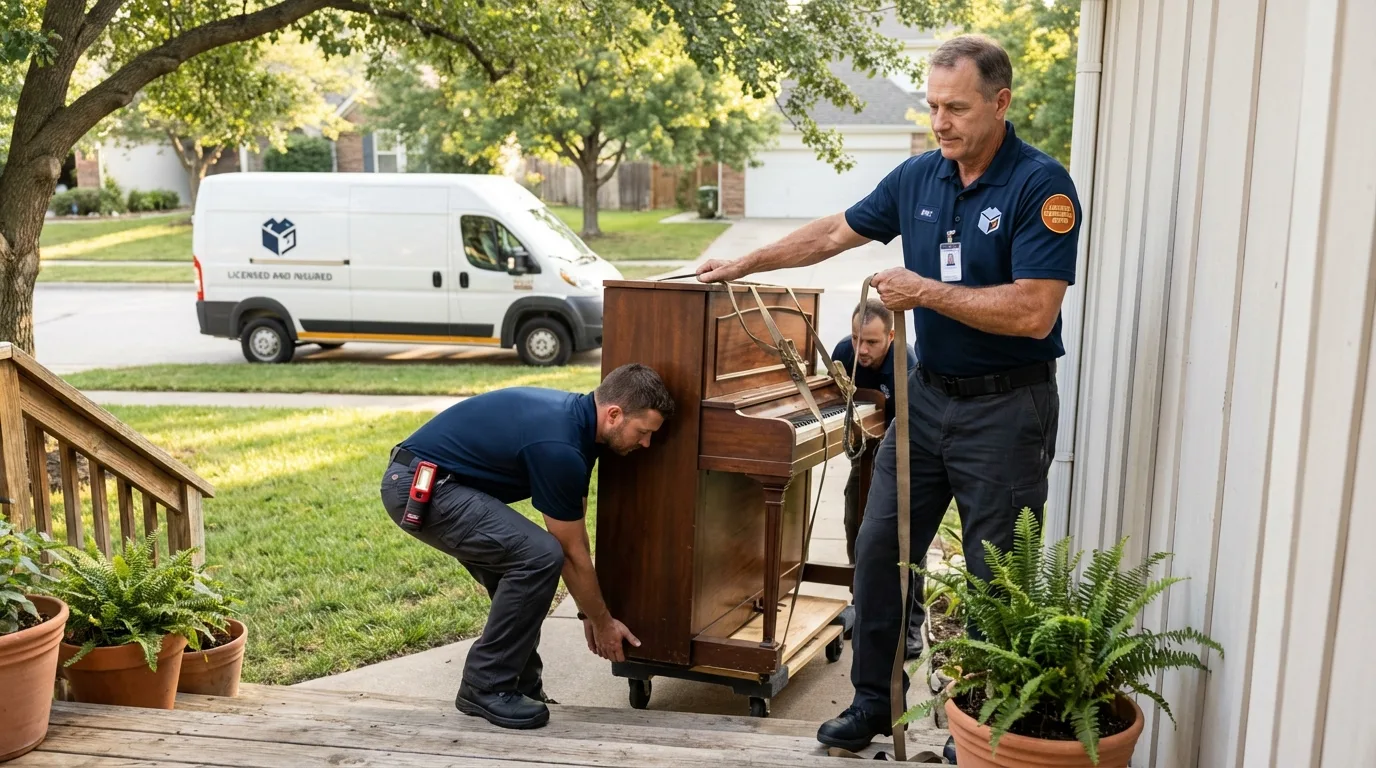 Licensed piano movers securing grand piano in Cooperstown, NY