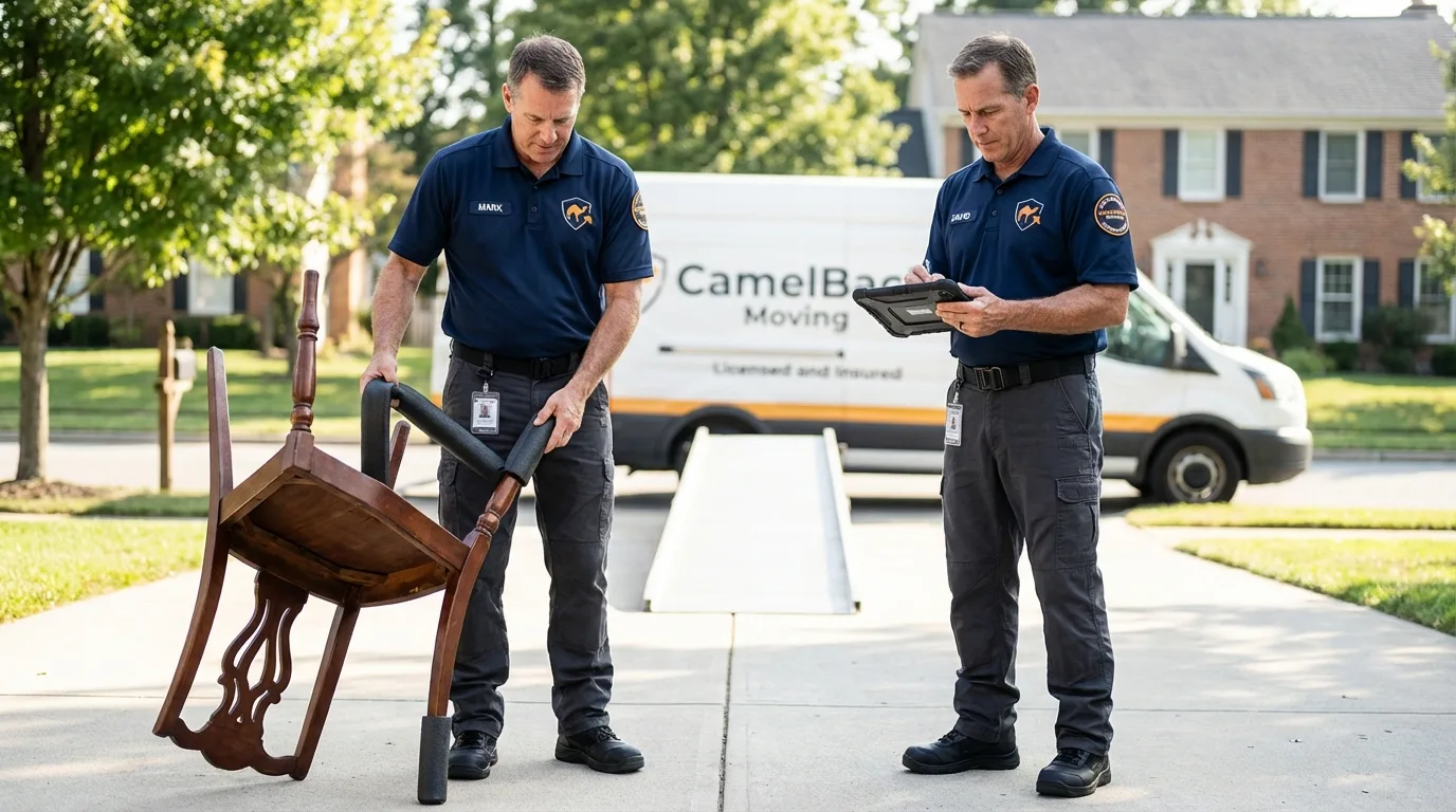 Movers inspecting furniture for damage prevention before loading in Cooperstown, NY