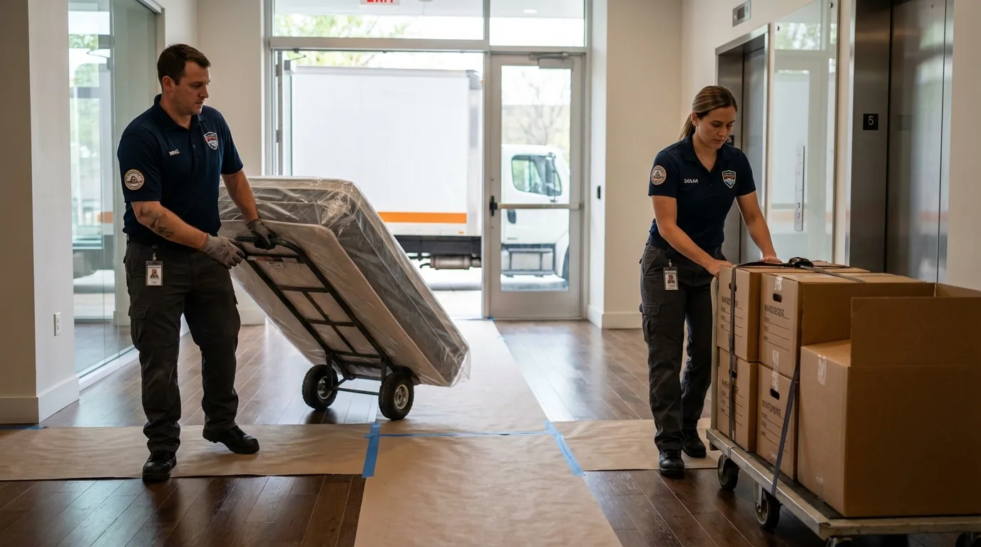 Professional apartment movers loading elevator in Cooperstown, NY