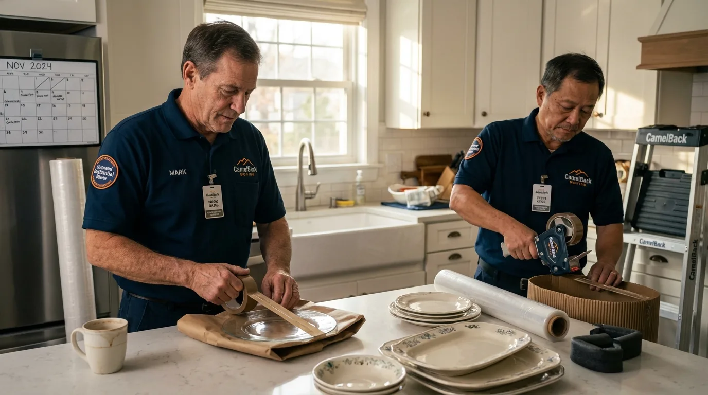 Professional crew packing kitchen dishware in Cooperstown, NY